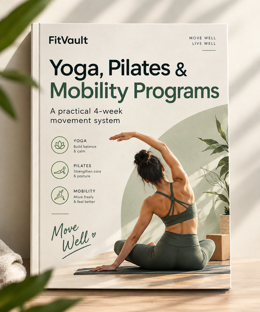 A book titled 'Yoga, Pilates & Mobility Programs' by FitVault, featuring a cover with a woman in a yoga pose, set against a warm neutral background with soft leaf shadows.