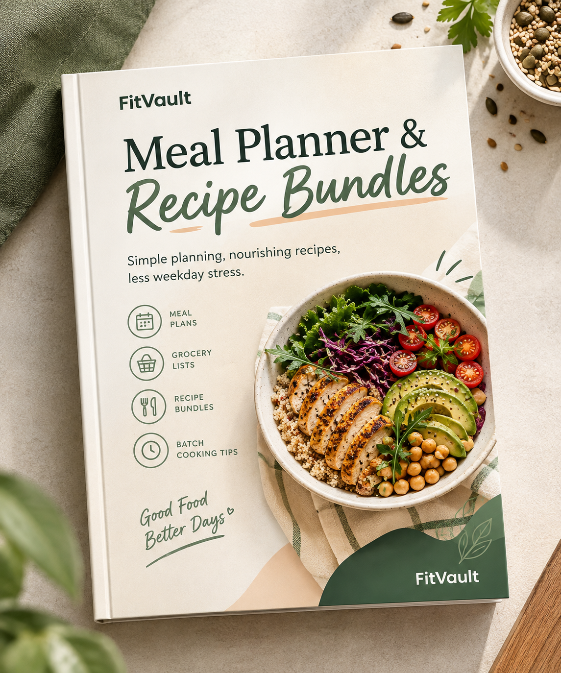 A cookbook titled 'FitVault Meal Planner & Recipe Bundles' lies open on a neutral fabric surface with a bowl of salad and small kitchen props around it. The cover shows a prepared salad bowl photo and the FitVault brand name.