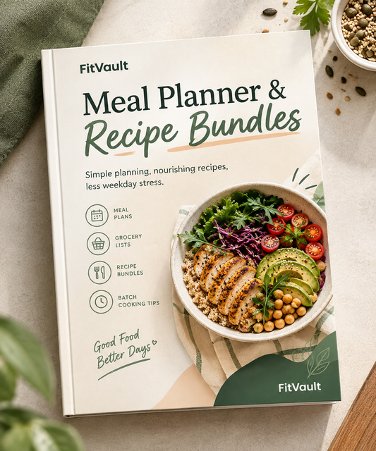 A cookbook titled 'FitVault Meal Planner & Recipe Bundles' lies open on a neutral fabric surface with a bowl of salad and small kitchen props around it. The cover shows a prepared salad bowl photo and the FitVault brand name.