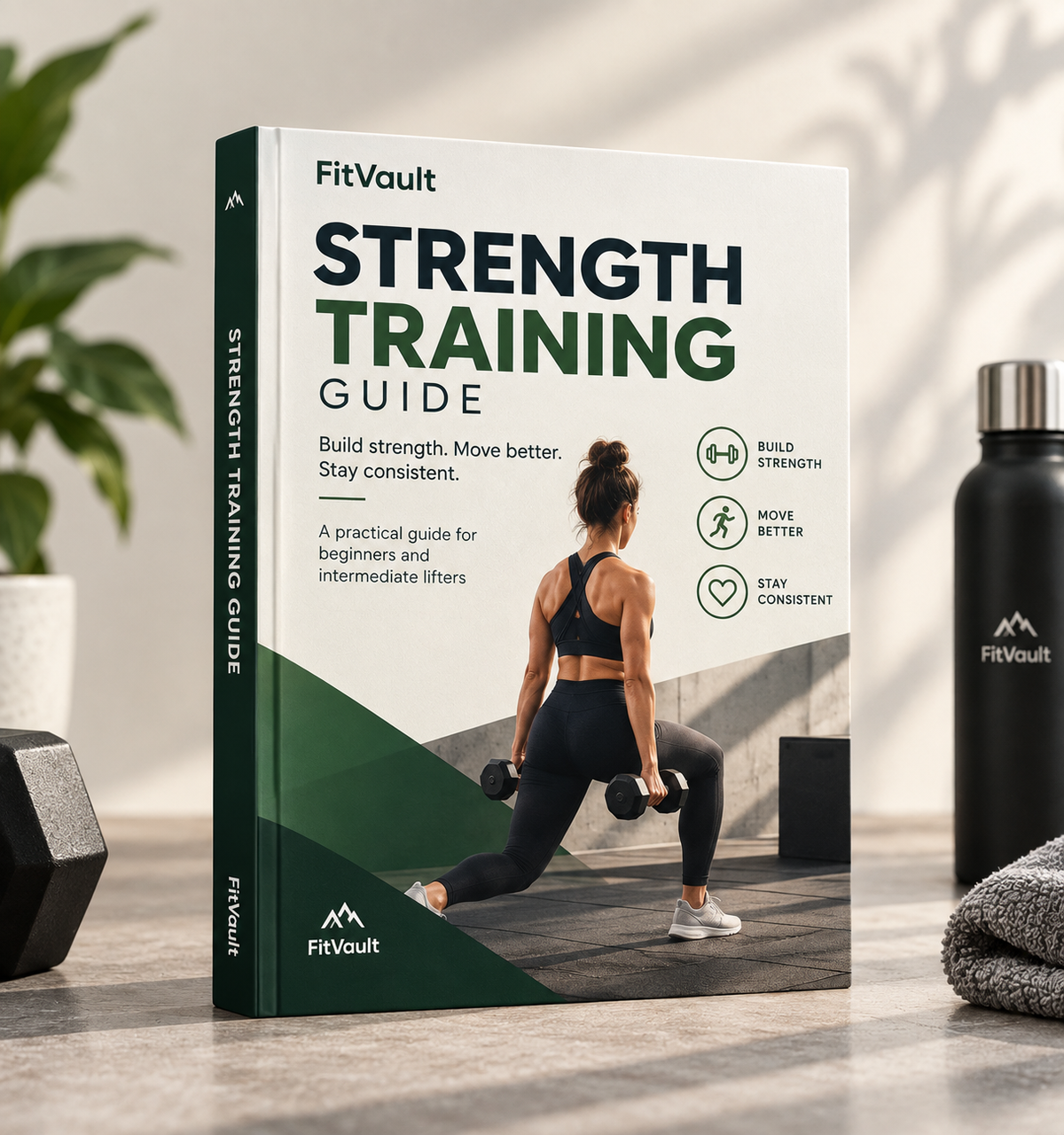 A hardcover book titled "FitVault Strength Training Guide" stands upright on a tabletop. The cover shows a woman lifting dumbbells, with the FitVault logo and name prominently visible.