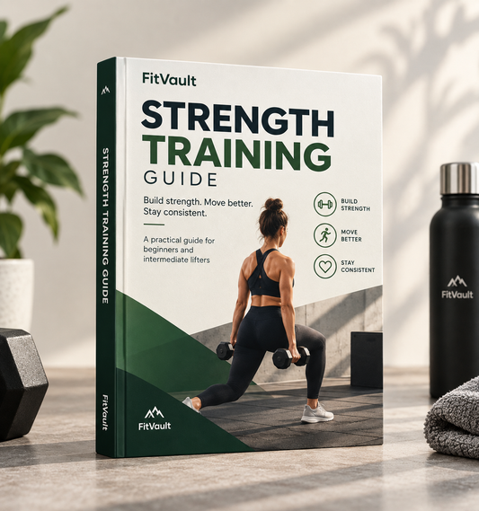 A hardcover book titled "FitVault Strength Training Guide" stands upright on a tabletop. The cover shows a woman lifting dumbbells, with the FitVault logo and name prominently visible.