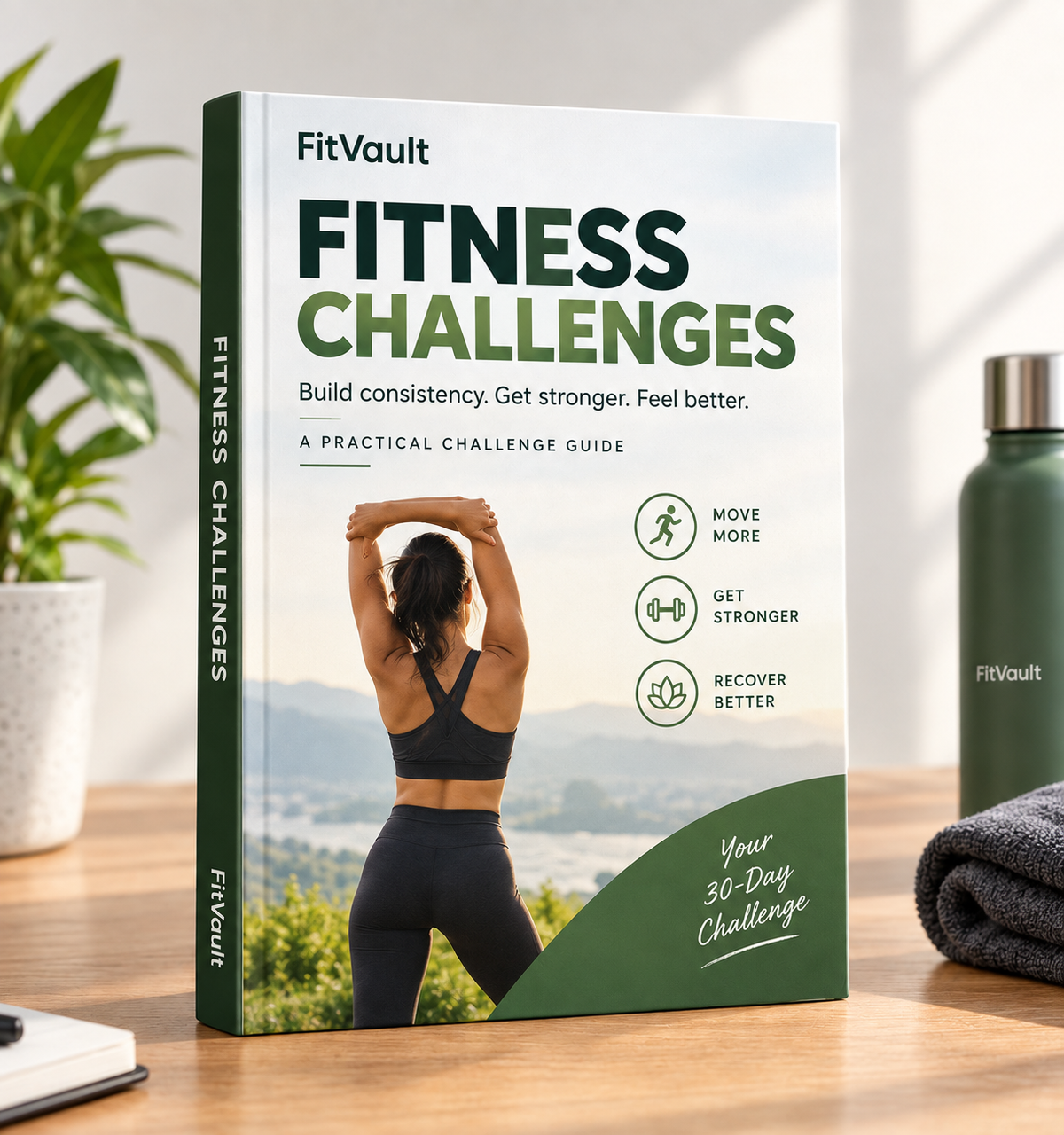 A FitVault Fitness Challenges guidebook standing upright on a wooden table, with a plant, notebook, and green water bottle in the background.
