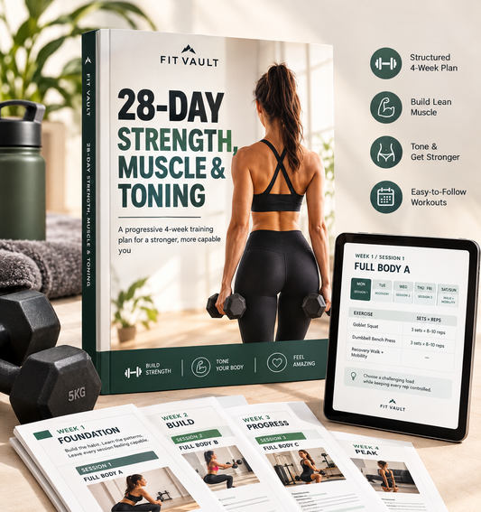A fitness guide set by FIT VAULT titled '28-Day Strength, Muscle & Toning' shown with a tablet displaying workout content, several printed workout sheets, dumbbells, and a water bottle on a light neutral background.