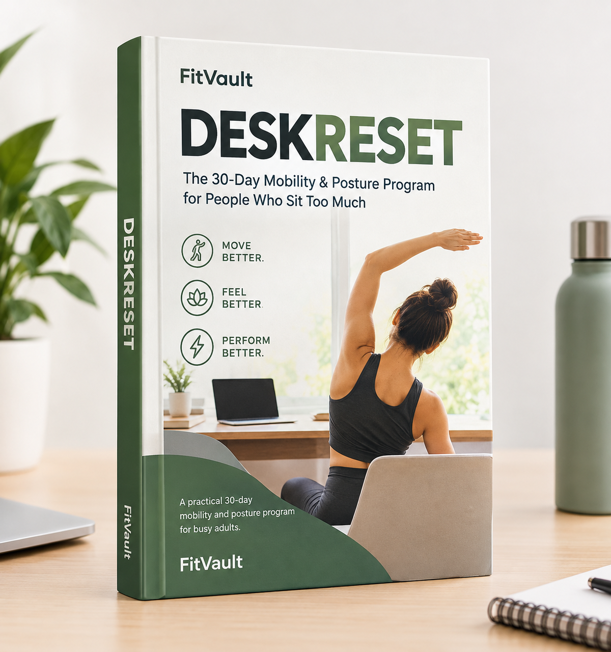 A boxed program/book titled "DeskReset" by FitVault stands on a light wood desk. The package is white and dark green, with a photo of a woman stretching at a desk on the front.