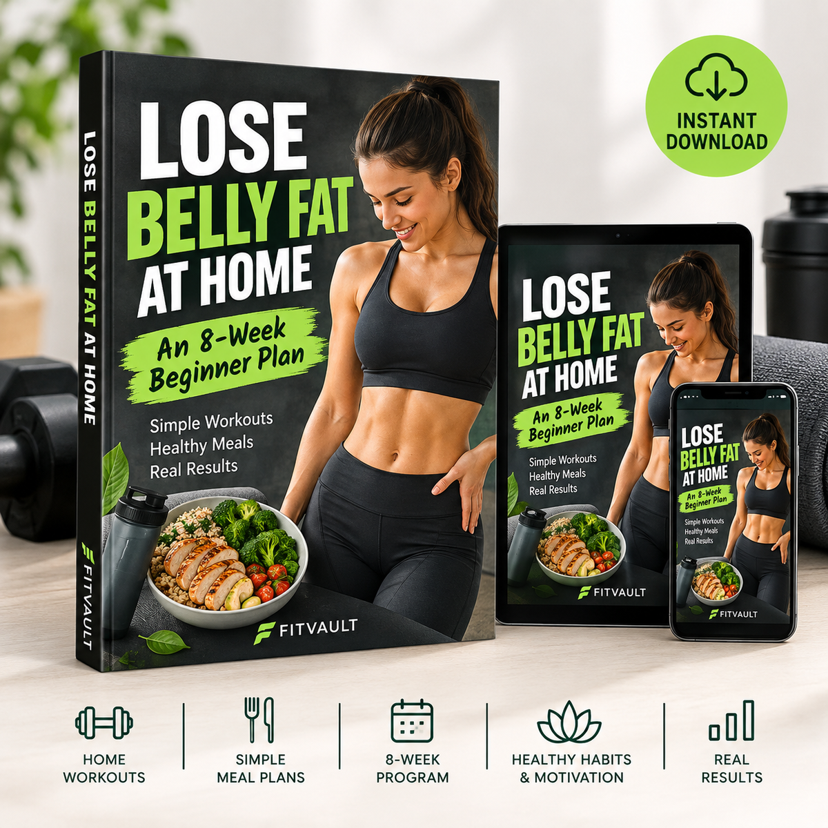 A fitness guide titled 'Lose Belly Fat At Home: An 8-Week Beginner Plan' shown on a book cover, tablet, and smartphone mockup, with a green 'Instant Download' badge and feature icons along the bottom.